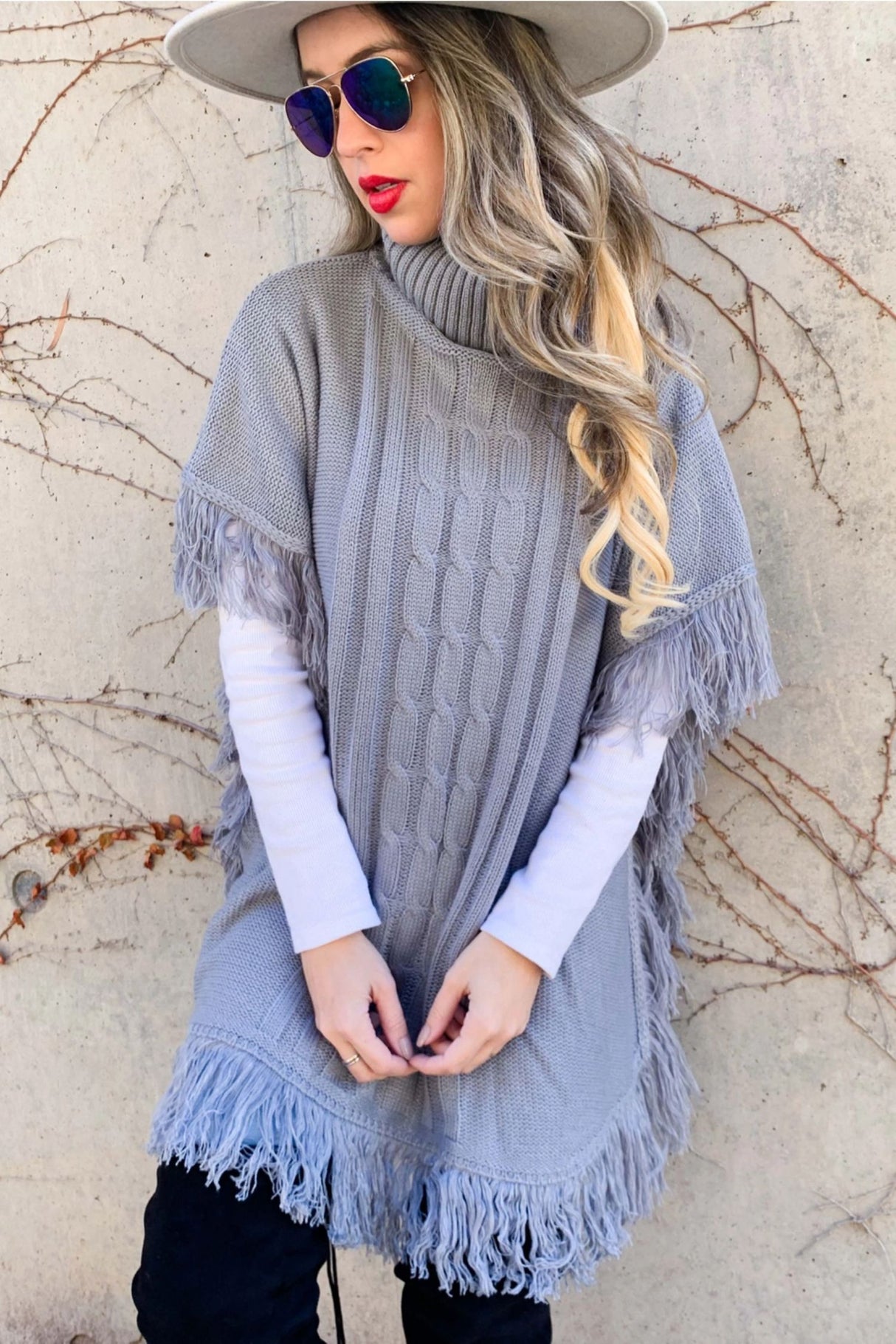 Cable Knitted Fringe Tunic Poncho Top