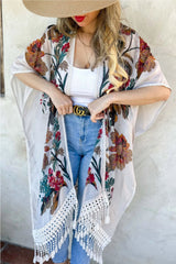 Floral Print Lace Detail Tassel Bottom Kimono Cardigan