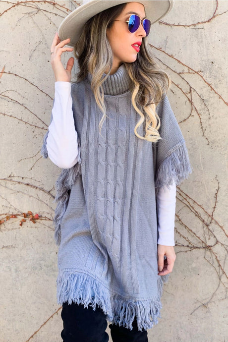 Cable Knitted Fringe Tunic Poncho Top