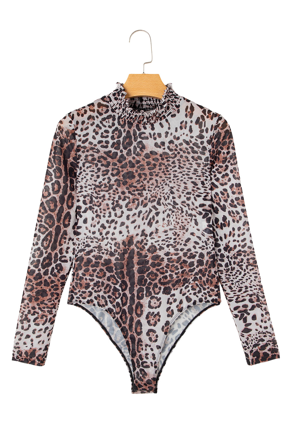 Brown Leopard Smocked Neck Mesh Long Sleeve Bodysuit