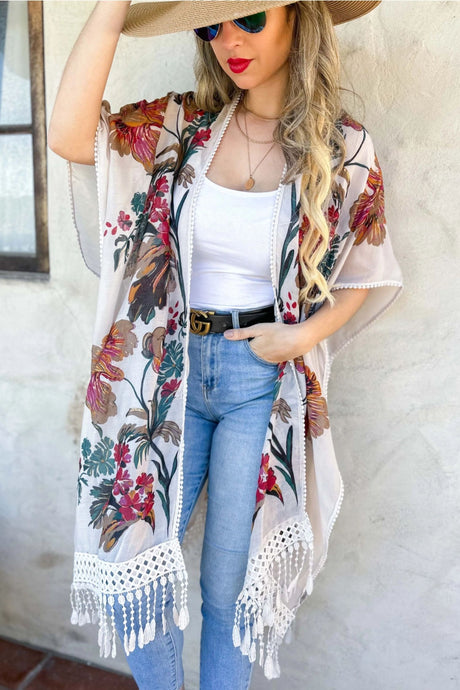 Floral Print Lace Detail Tassel Bottom Kimono Cardigan