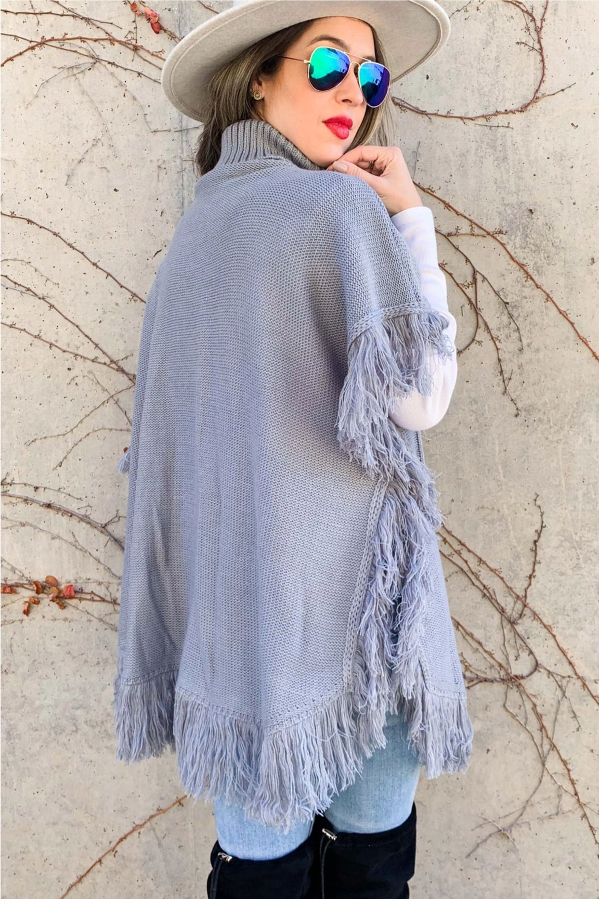 Cable Knitted Fringe Tunic Poncho Top