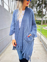 Chevron Knitted Ruana Cardigan with Tassels and Pockets