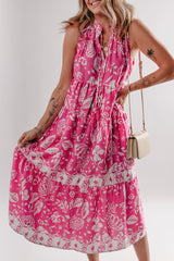 Rose Floral Sleeveless Tasseled Lace-up Neck Tiered Midi Dress