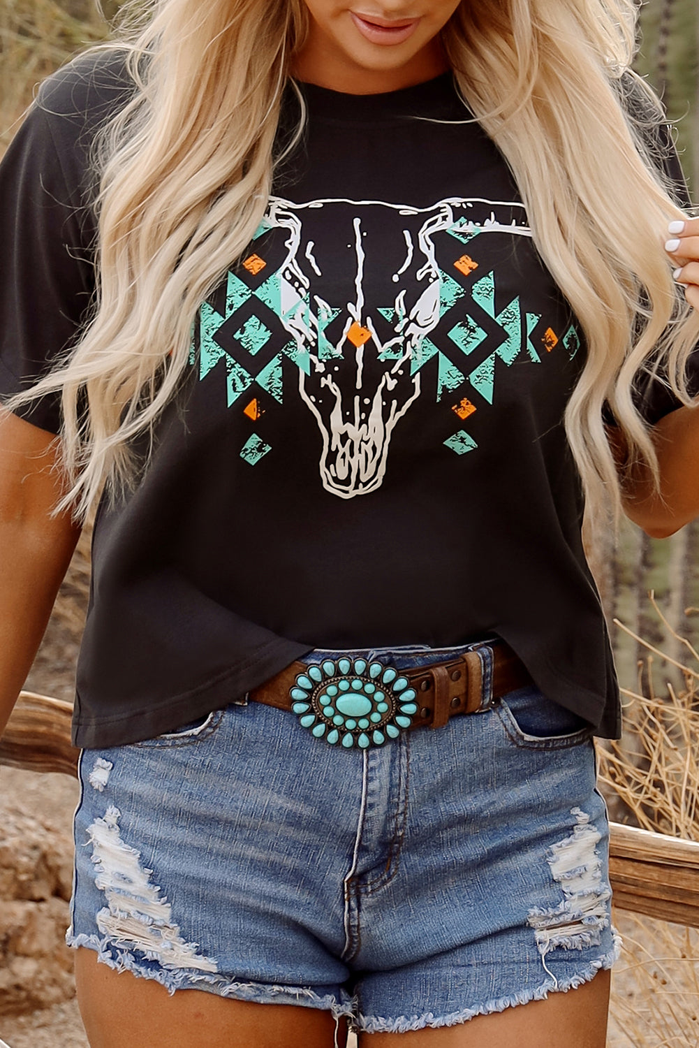 Carbon Grey Vintage Western Bull Head Skull Turquoise Aztec Graphic T Shirt