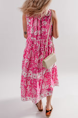 Rose Floral Sleeveless Tasseled Lace-up Neck Tiered Midi Dress