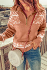 Pink Geometry Knit Quarter Zip Sweater