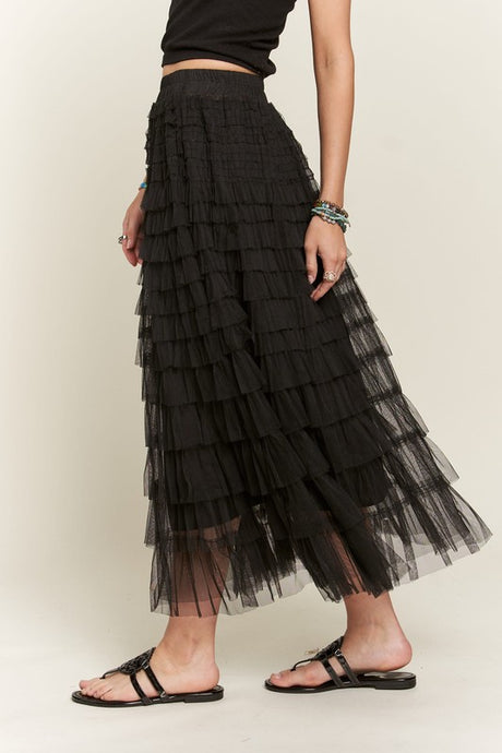 Elastic Waist Layered Mesh Midi Skirt