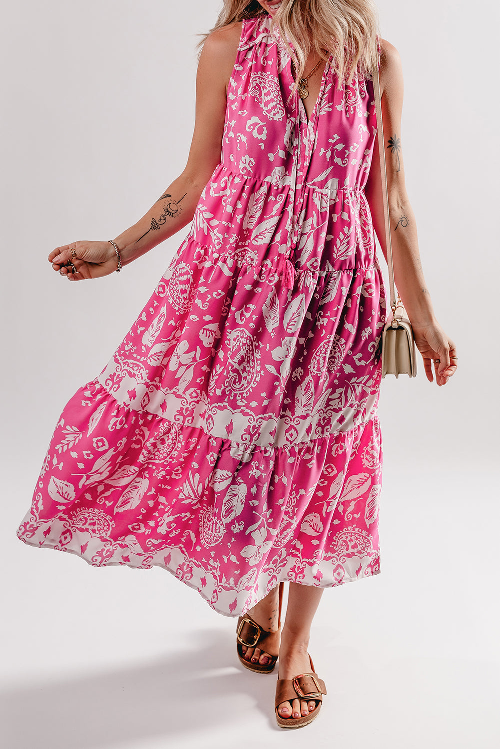 Rose Floral Sleeveless Tasseled Lace-up Neck Tiered Midi Dress