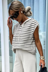 White Stripe Drawstring Hooded Loose Sweater T Shirt