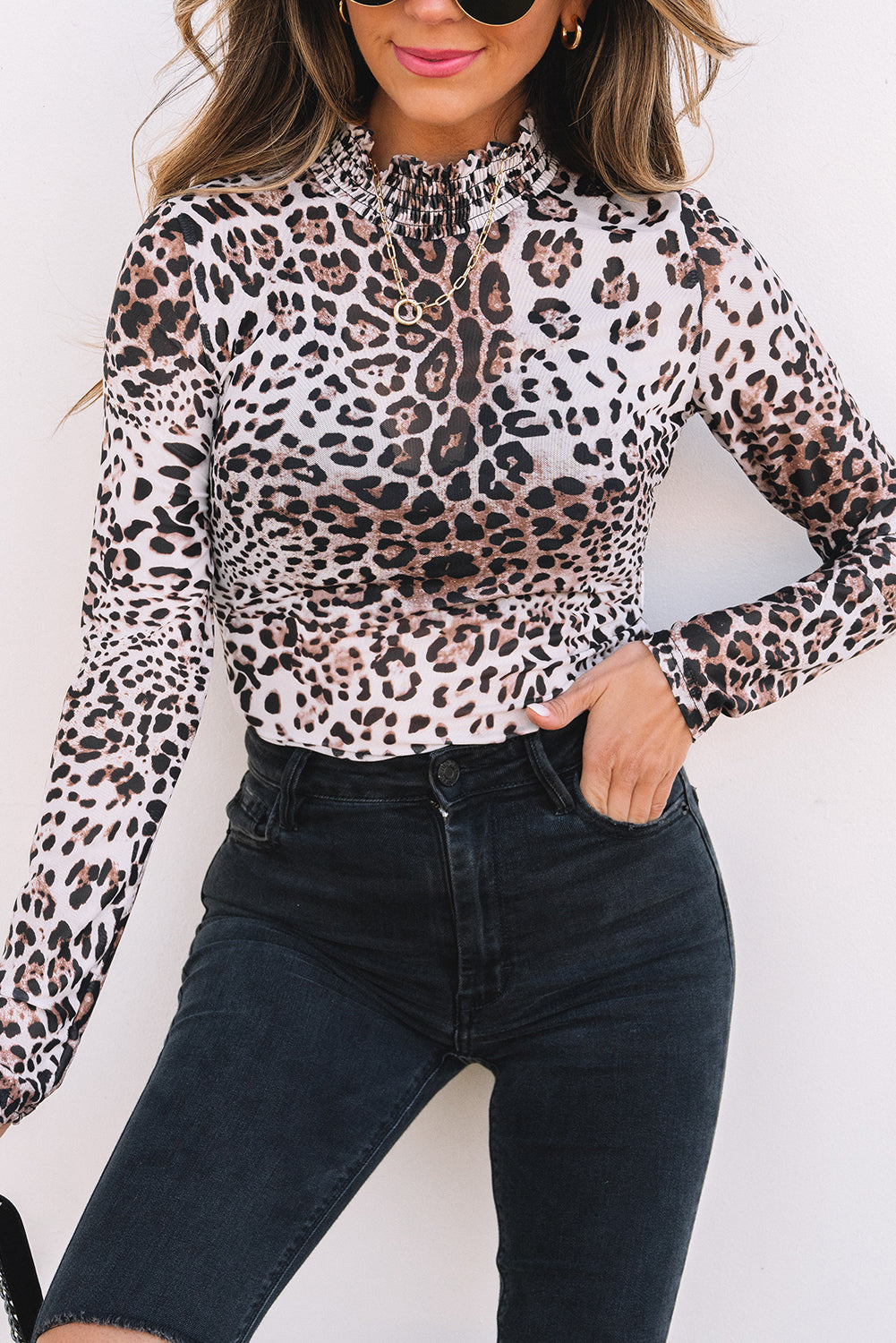 Brown Leopard Smocked Neck Mesh Long Sleeve Bodysuit