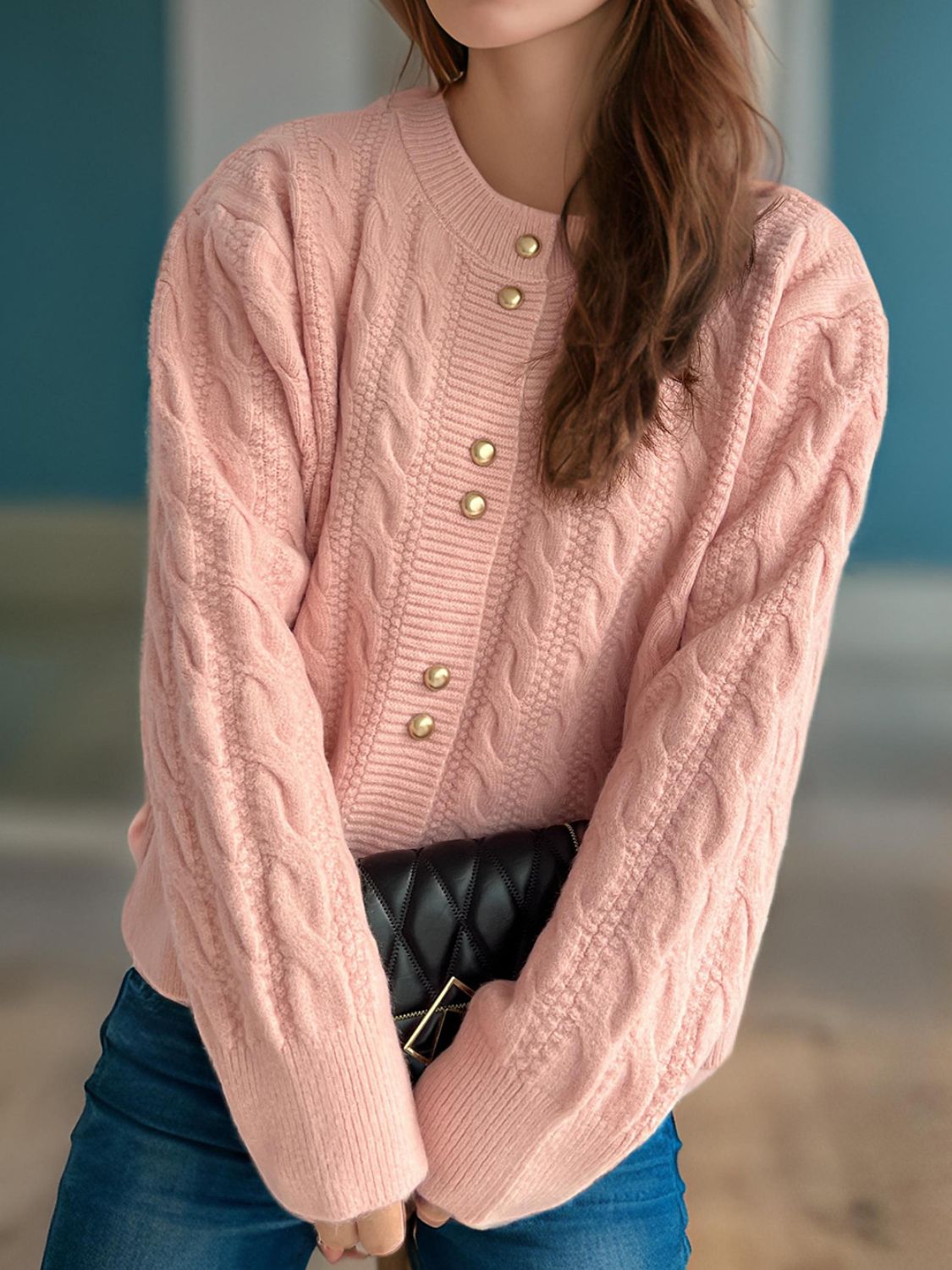 Cable-Knit Round Neck Long Sleeve Cardigan