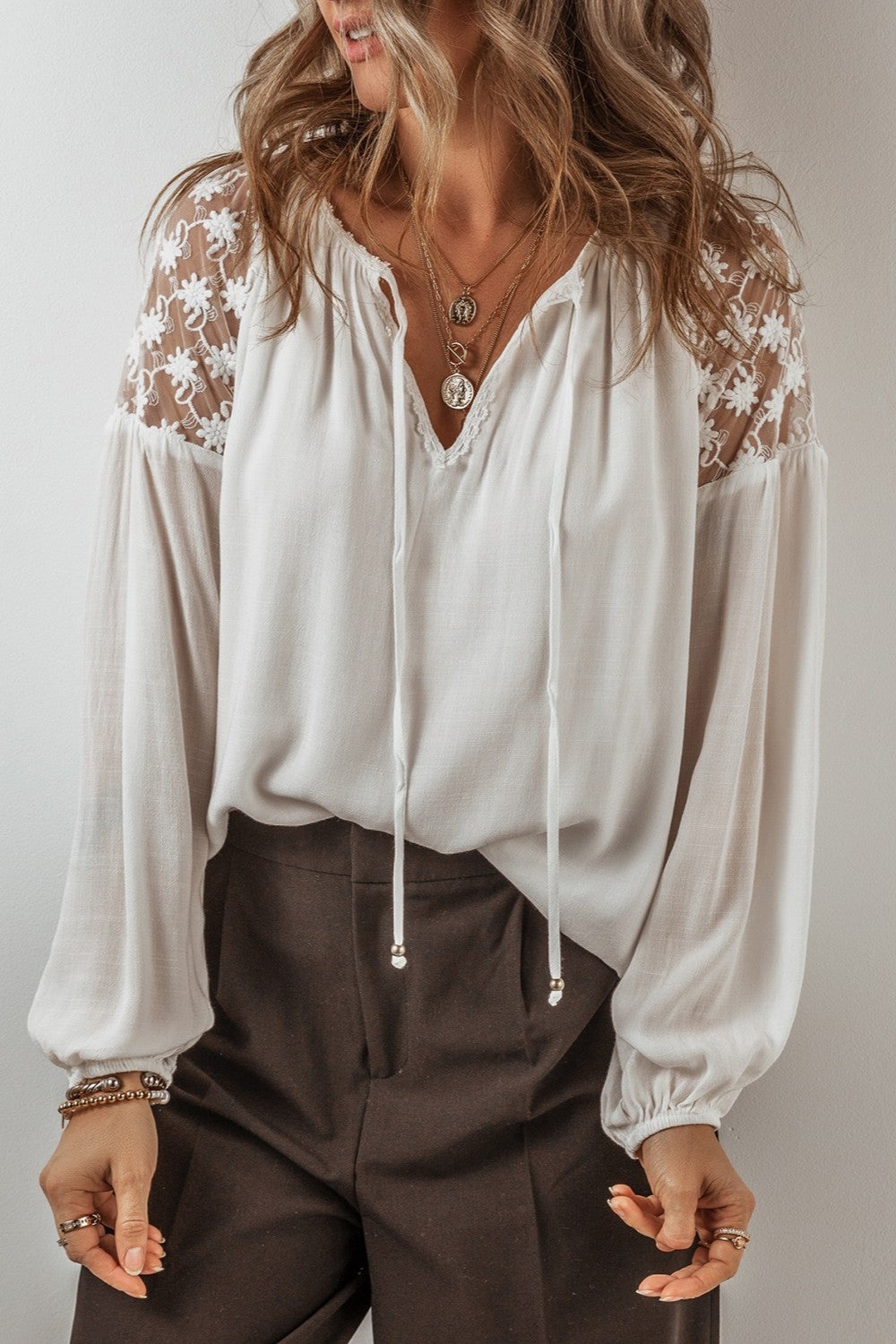 Lace Tie Neck Long Sleeve Blouse