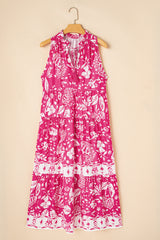 Rose Floral Sleeveless Tasseled Lace-up Neck Tiered Midi Dress