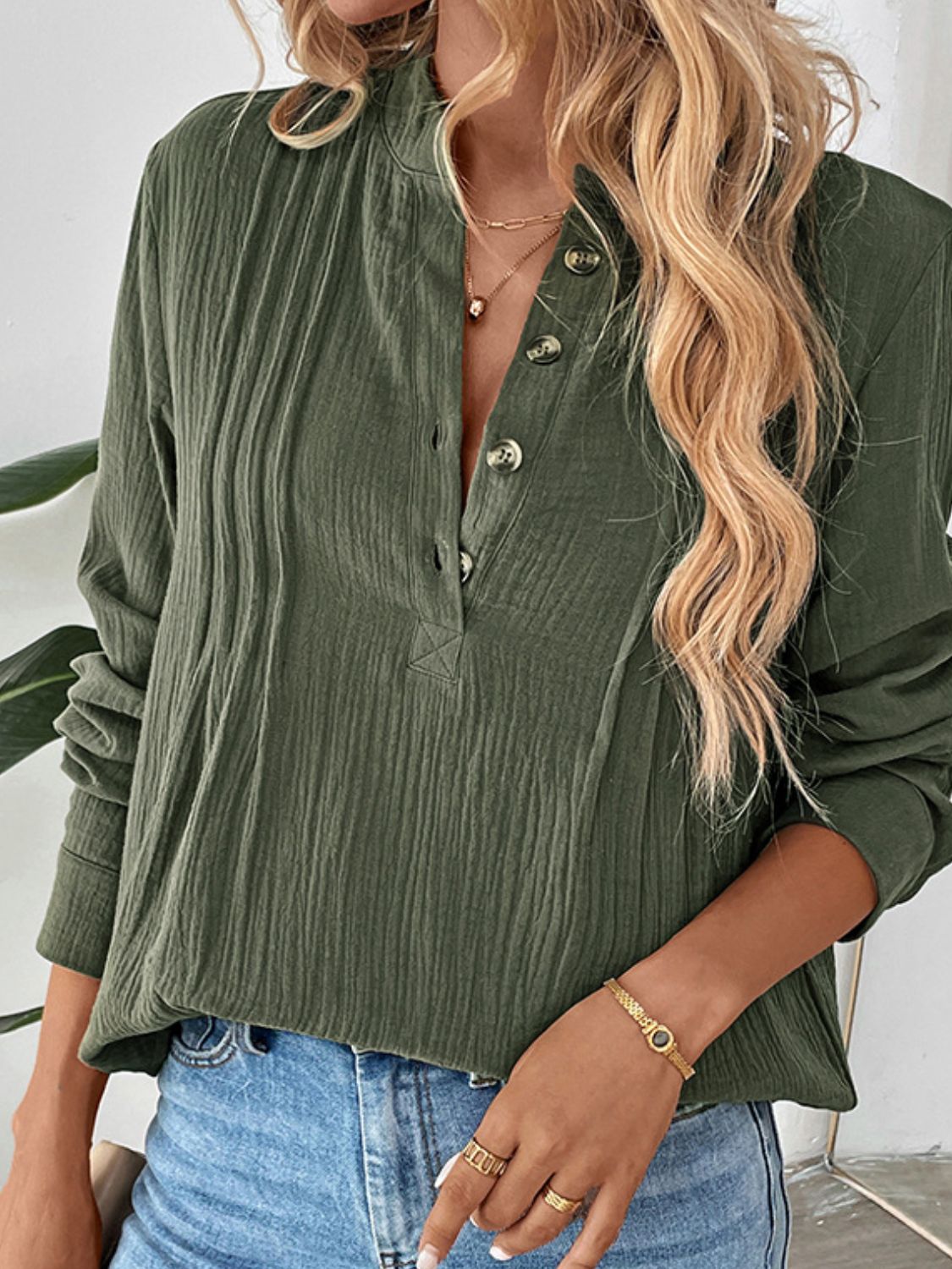 Perfee Textured Notched Long Sleeve Blouse