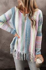 Fringe Color Block Round Neck Sweater