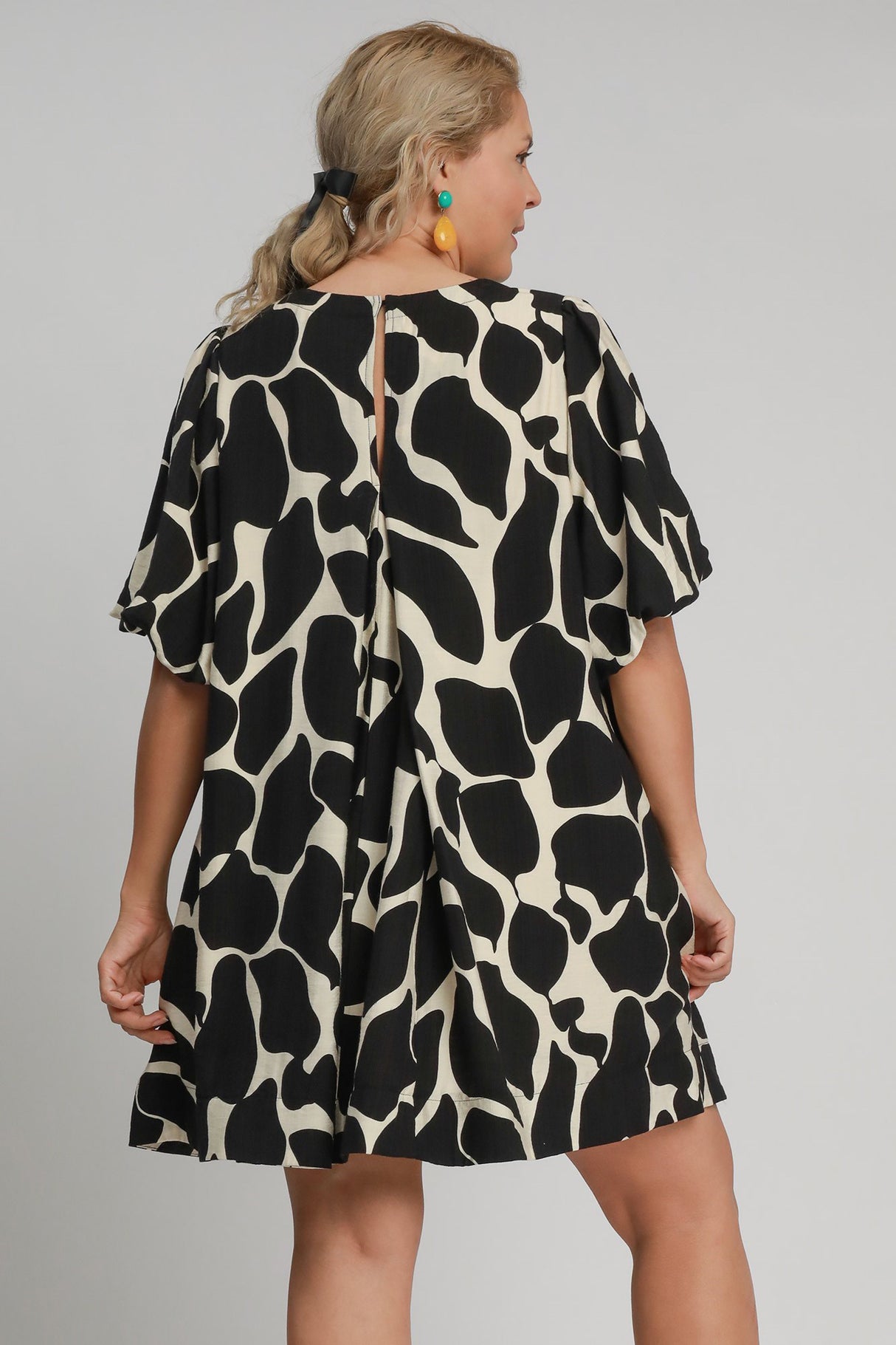 Umgee Full Size Two Tone Abstract Print Puff Sleeve Dress Plus Size